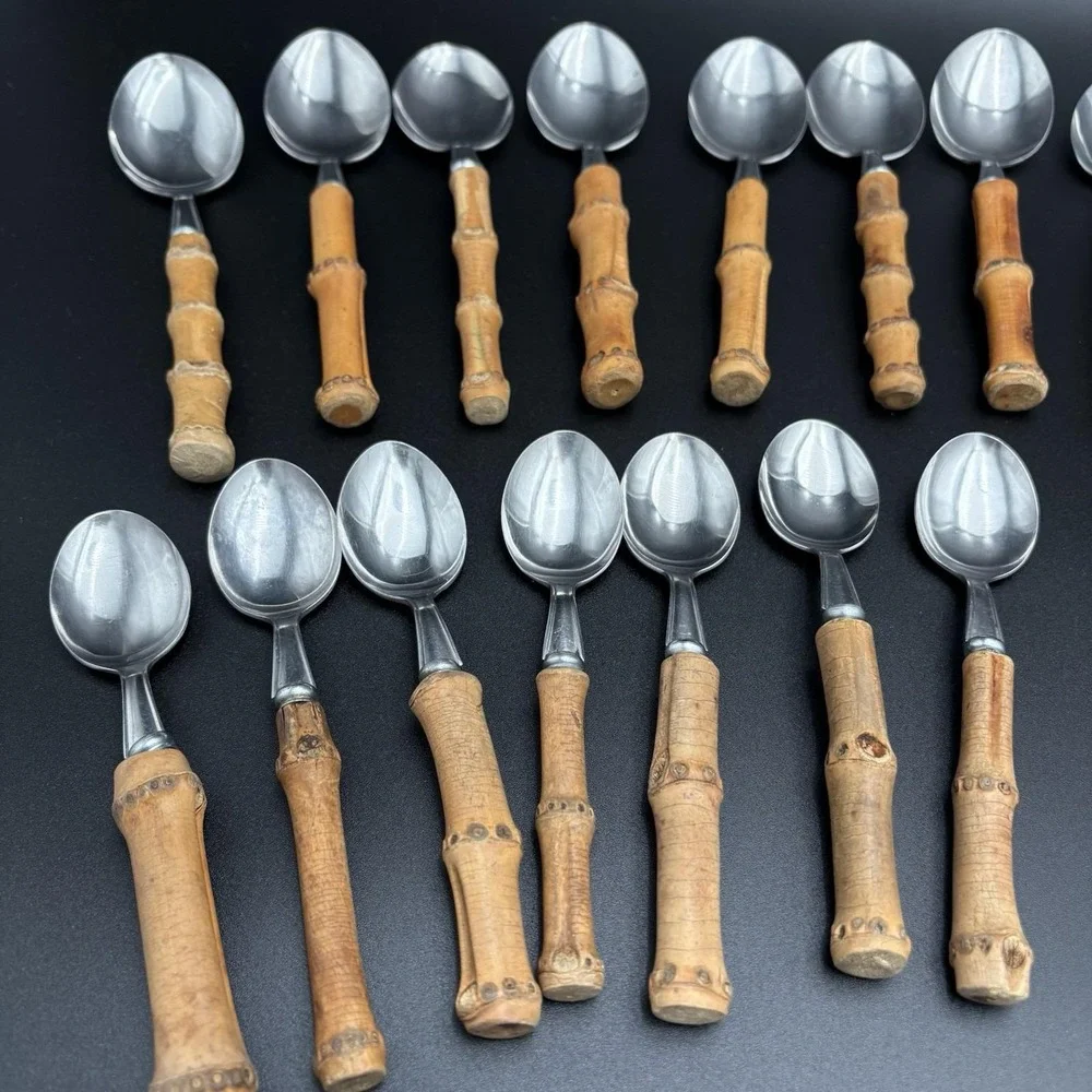 1950s Vtg Natural Bamboo Flatware Set Japan Stainless Steel MCM Tiki Boho 39 PCs